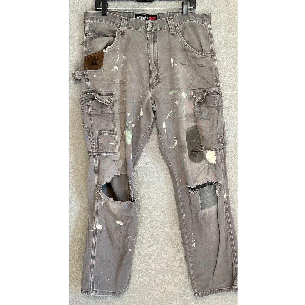 Wrangler RIGGS Workwear Mens Gray Cargo Pants Destroyed Paint Thrashed 36x29